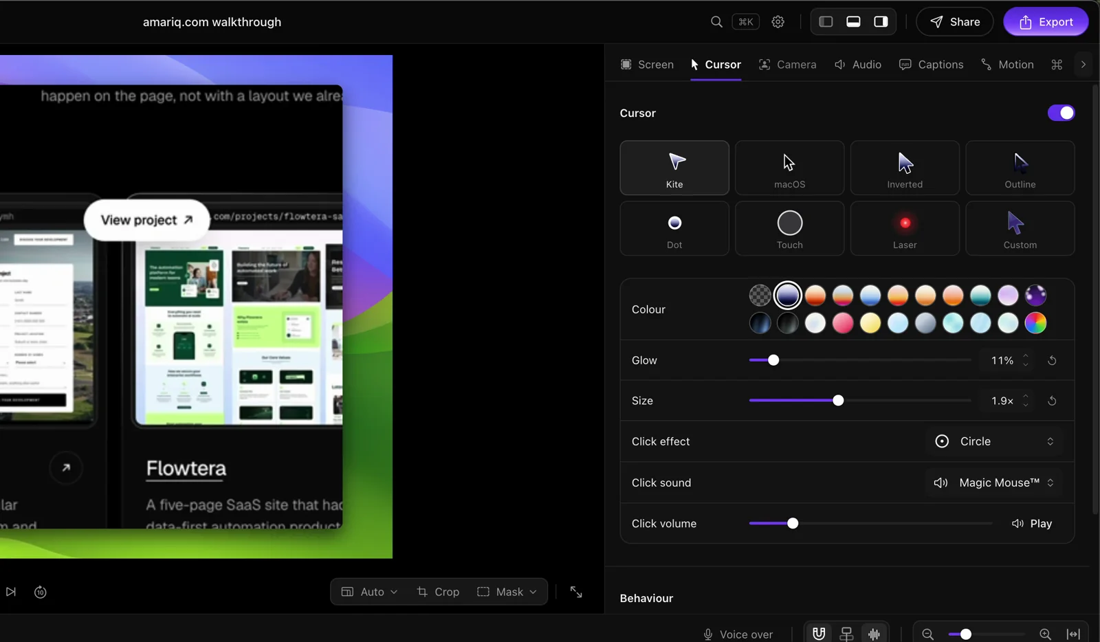The Cursor panel: cursor styles, colours, glow, size, click effect and click sound