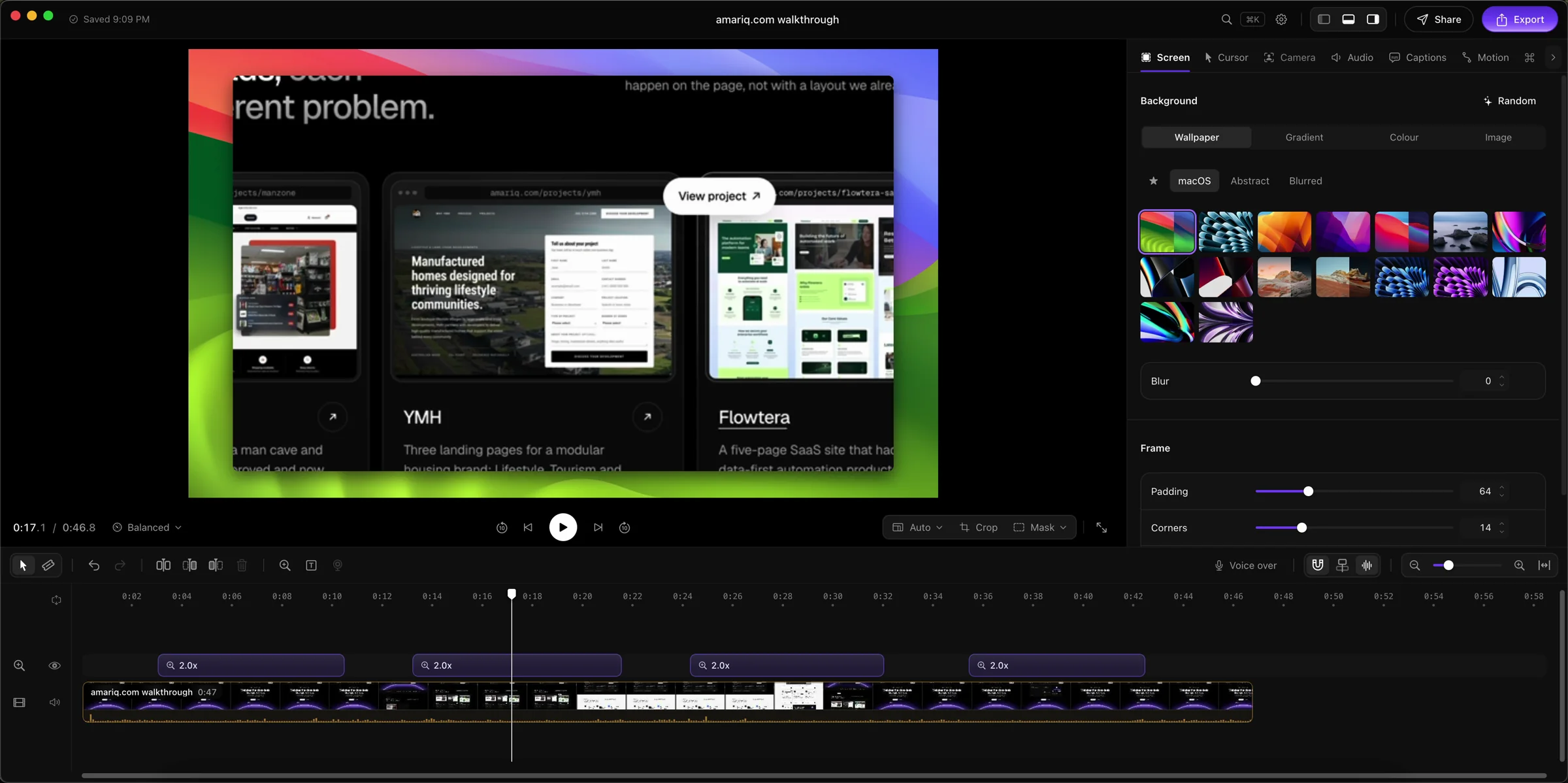 The MotionShine editor: a zoomed preview, the background panel, and a timeline with four zooms