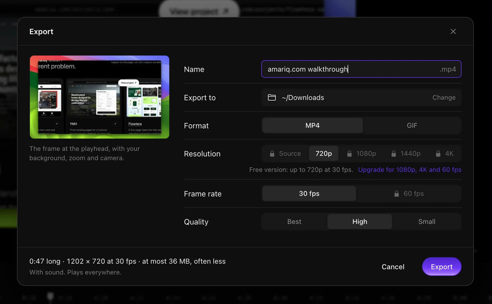 The Export window: MP4 or GIF, 720p free, with 1080p, 1440p, 4K and 60 fps unlocked by a licence