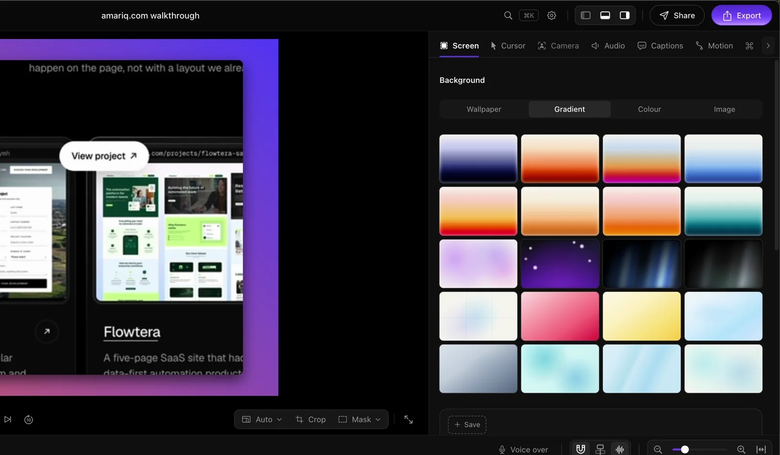 The Background panel set to Gradient, next to the framed recording