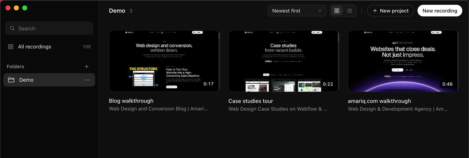 The recordings library showing a Demo folder with three recordings