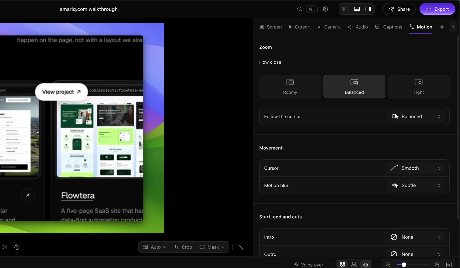 The Motion panel: how close each zoom goes, how it follows the cursor, and smooth cursor movement