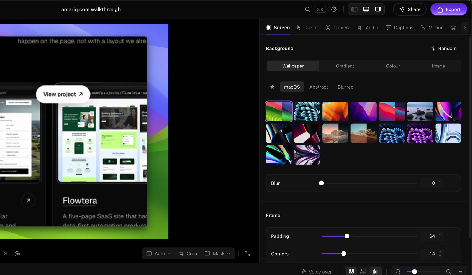 The Background panel with macOS wallpapers, blur, padding and rounded corners